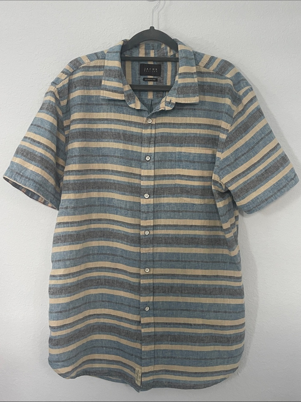 Jachs New York Linen Cotton Striped Short Sleeve Button Down Shirt Mens L